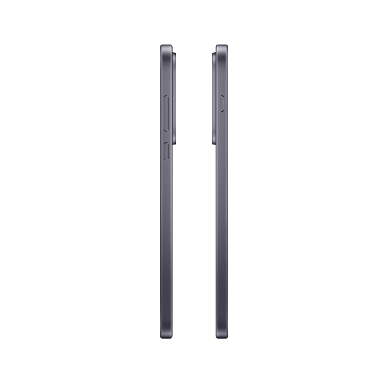 Two gray smartphones side-by-side, against a white background. One shows buttons, the other a single camera hole.