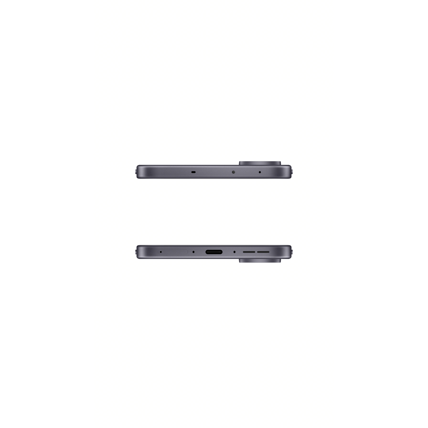 Two gray smartphones side view, top and bottom. Visible ports and buttons. Isolated on a white background.