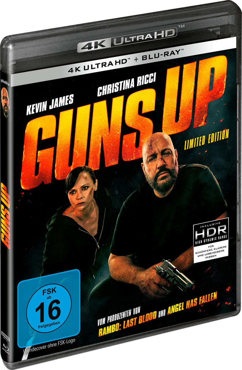 Filmcover von Guns Up. Kevin James und Christina Ricci sind zu sehen. Text enthält 4K Ultra HD und die Bewertung 16.