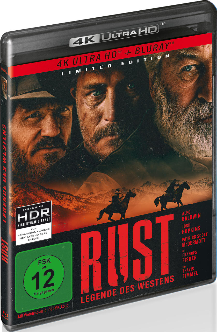 DVD-Hülle für "Rust: Legende des Westens". Zeigt Gesichter von Schauspielern, Cowboys auf Pferden und einen rot-schwarzen Titel. Enthält deutschen Text.