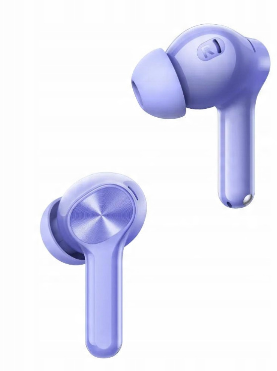 Dwie lawendowe bezprzewodowe słuchawki na białym tle. Jedna ma oznaczenie 'R'. Obie mają metalowy przycisk.
