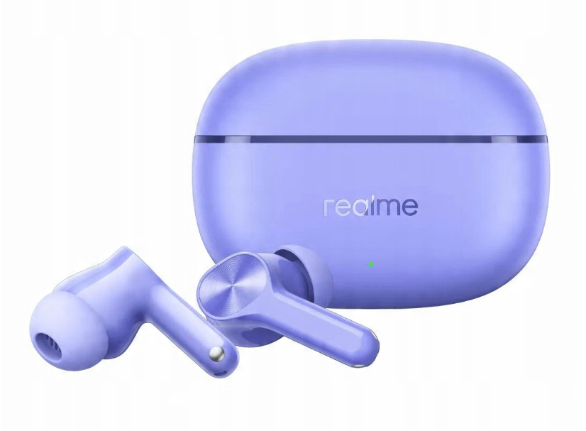 Jasnofioletowe słuchawki Realme i etui ładujące na białym tle. Słuchawki mają trzon, a etui jest owalne.