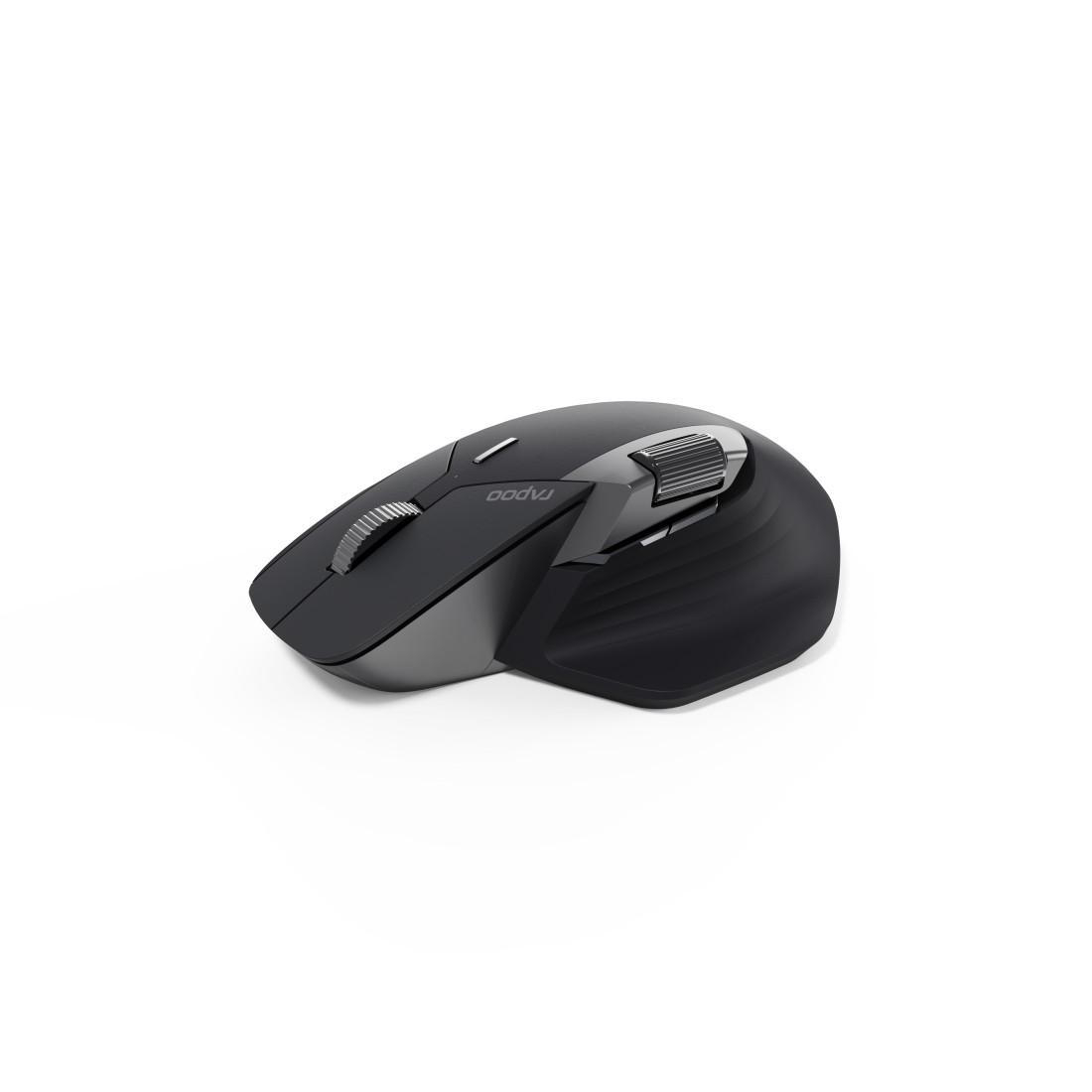 Eine drahtlose Maus in Schwarz und Grau mit einem Scrollrad und Markennamen oben. Sie befindet sich auf weißem Hintergrund.