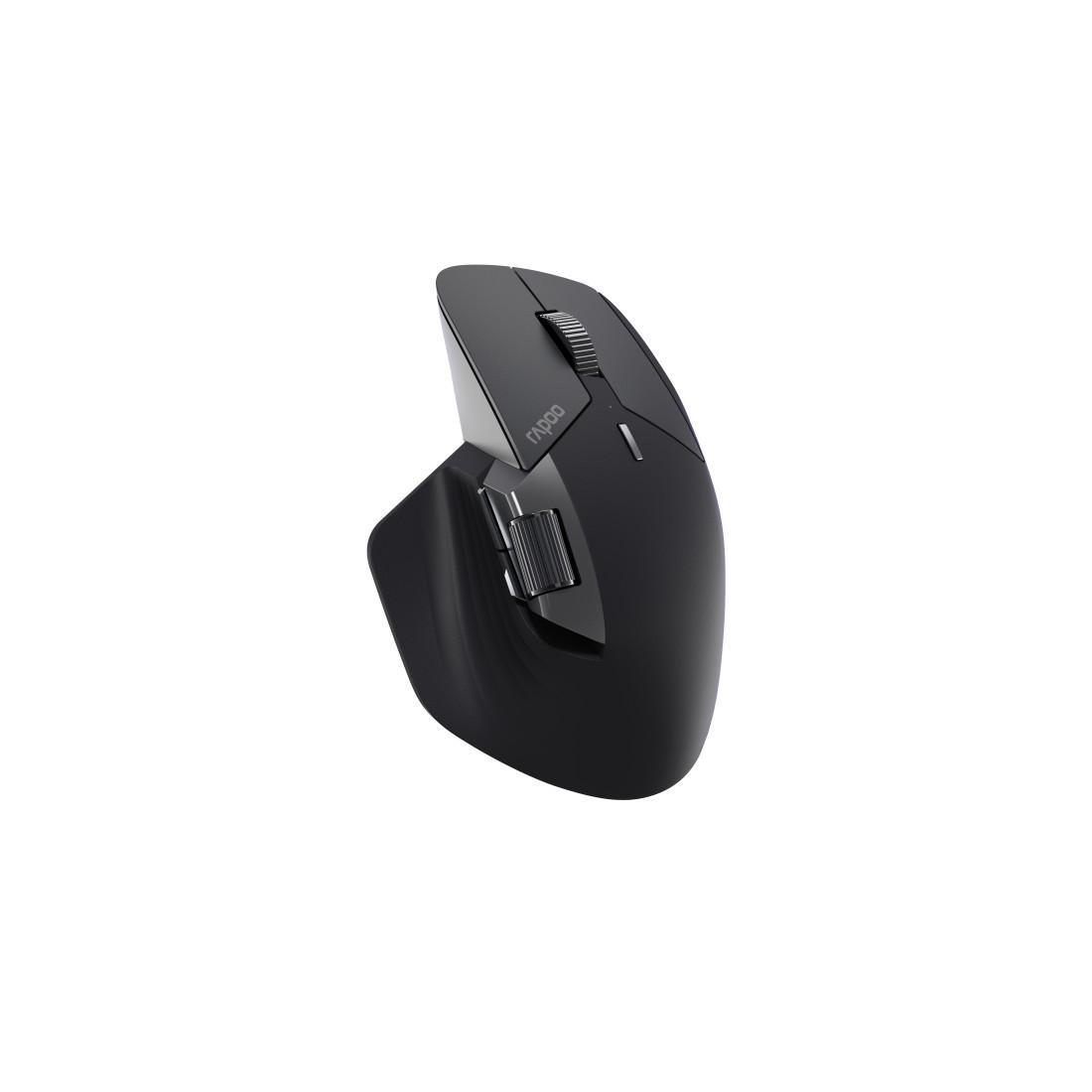 Eine schwarze ergonomische Rapoo-Maus wird gezeigt. Sie hat ein Scrollrad, Seitentasten und ein geschwungenes Design.