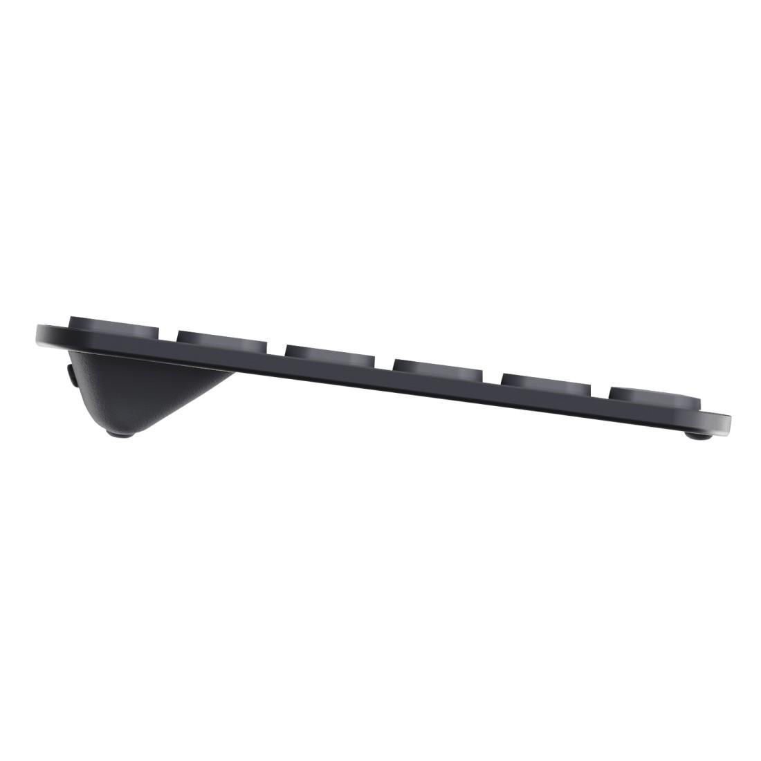 Eine schwarze Tastatur von der Seite gesehen. Sie hat ein geschwungenes Design mit abgerundeter Basis. Tastenkappen sind sichtbar.