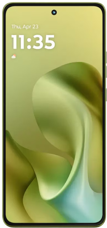 Ekran smartfona wyświetla godzinę 11:35, datę 23 kwietnia i ikonę pogody. Tło ma zielone abstrakcyjne wiry.