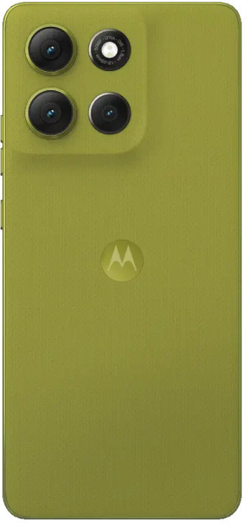 Zielony tył smartfona z czterema obiektywami aparatu i logo Motorola. Telefon ma teksturowaną powierzchnię.