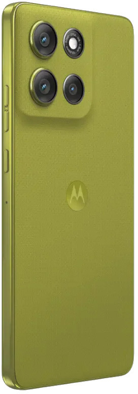 Tył zielonego smartfona. Ma cztery obiektywy aparatu i logo Motorola. Telefon ma teksturowaną powierzchnię i metalową ramkę.