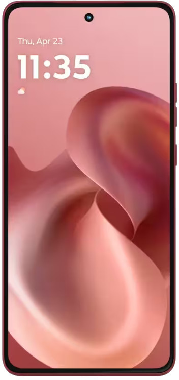 Smartfon wyświetlający różową, abstrakcyjną tapetę. Godzina to 11:35 w czwartek, 23 kwietnia. Telefon ma ciemnoczerwoną ramkę.