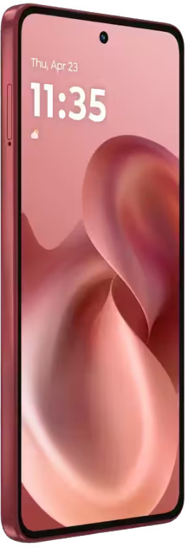 Różowy smartfon wyświetla godzinę 11:35 23 kwietnia. Ekran pokazuje abstrakcyjny wzór. Z boku telefonu znajduje się przycisk głośności.