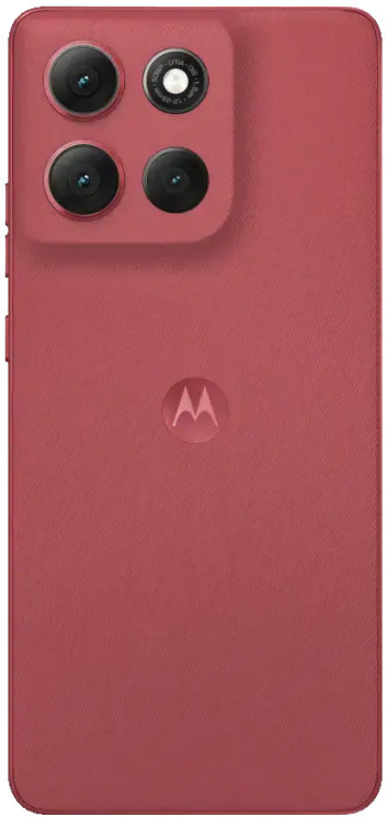 Czerwony tył telefonu Motorola. Cztery obiektywy aparatu u góry po lewej, logo Motorola na dole i teksturowana powierzchnia.