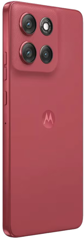 Widoczny tył czerwonego smartfona. Ma cztery aparaty i logo Motorola. Przyciski głośności i zasilania są z boku.