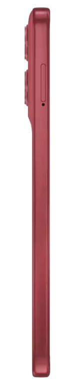 Widok z boku bordowego smartfona, pokazujący wypukłość aparatu, przyciski i gniazdo karty SIM na białym tle.