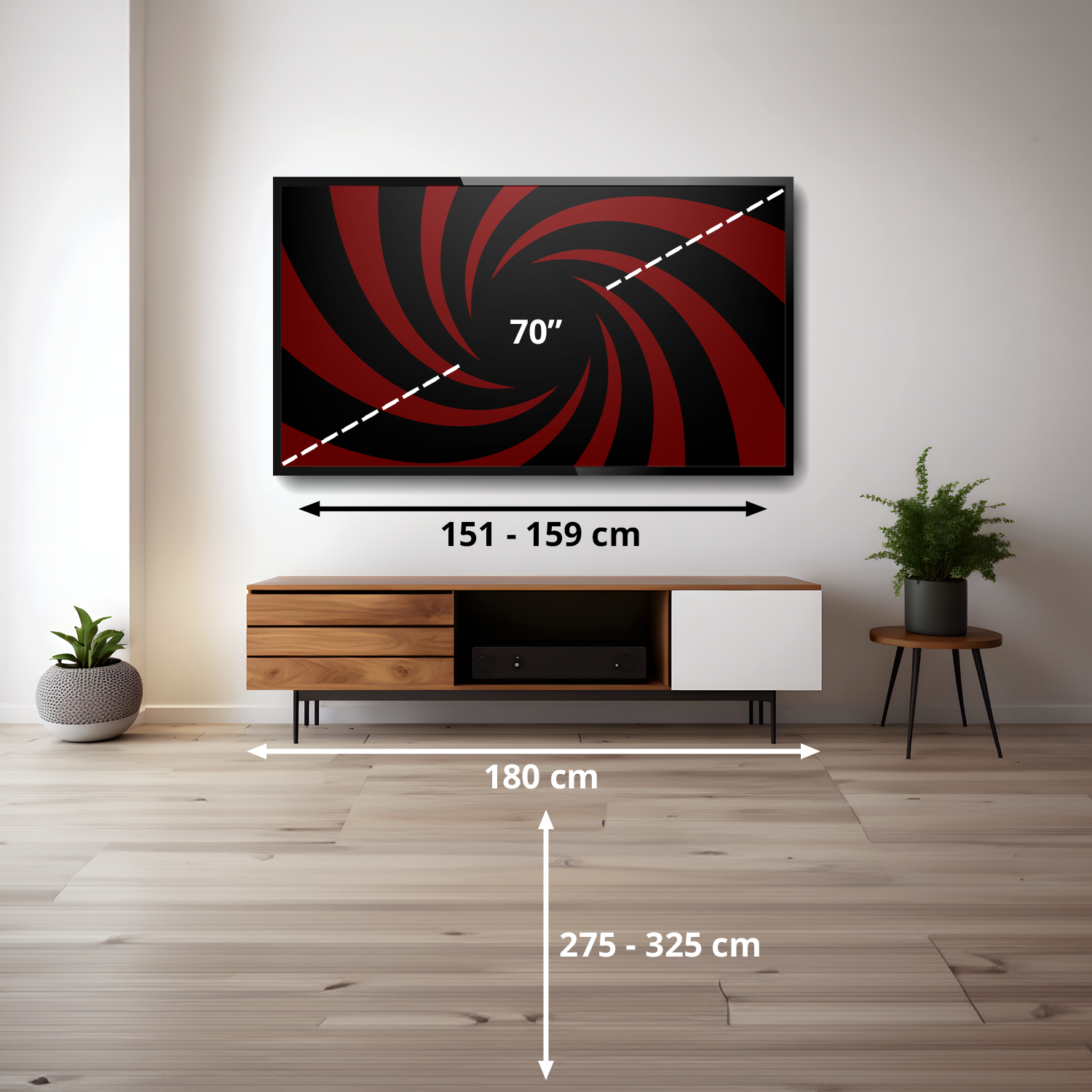 70" TV'de kırmızı ve siyah bir girdap gösteriliyor. Altında beyaz kapılı ahşap bir dolap. Bitkiler ve ahşap zemin görünür.