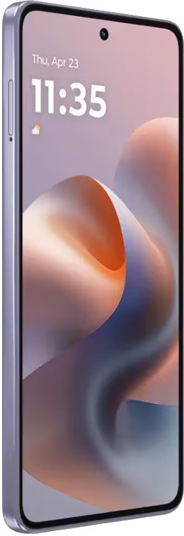 Jasnofioletowy smartfon wyświetla godzinę 11:35 na wirującym, abstrakcyjnym tle. Data to czwartek, 23 kwietnia.