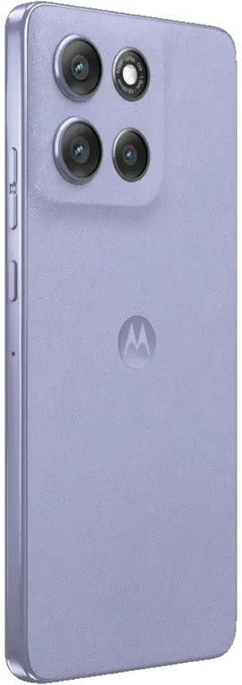 Widok z tyłu liliowego smartfona Motorola. Ma cztery obiektywy aparatu i logo Motorola. Z boku znajduje się przycisk głośności.