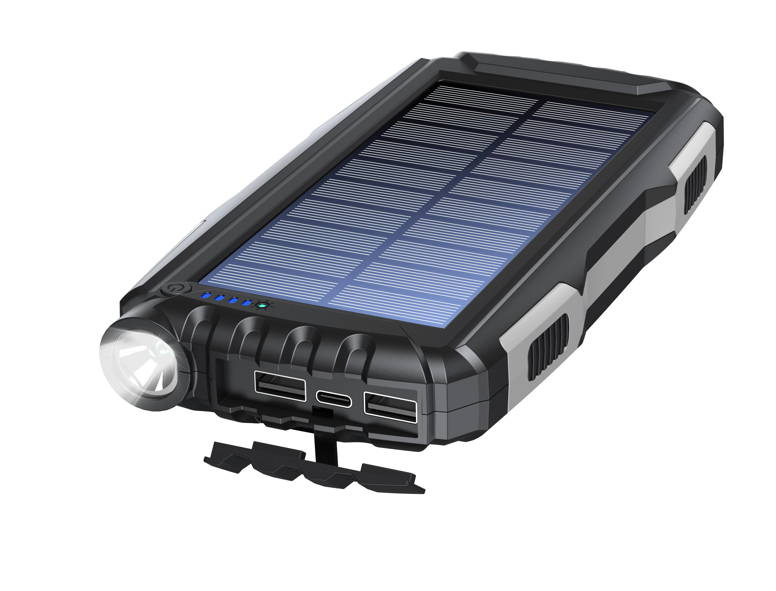 Schwarze und graue Solar-Powerbank mit Solarpanel, Anschlüssen, Taschenlampe und Statusanzeigen.