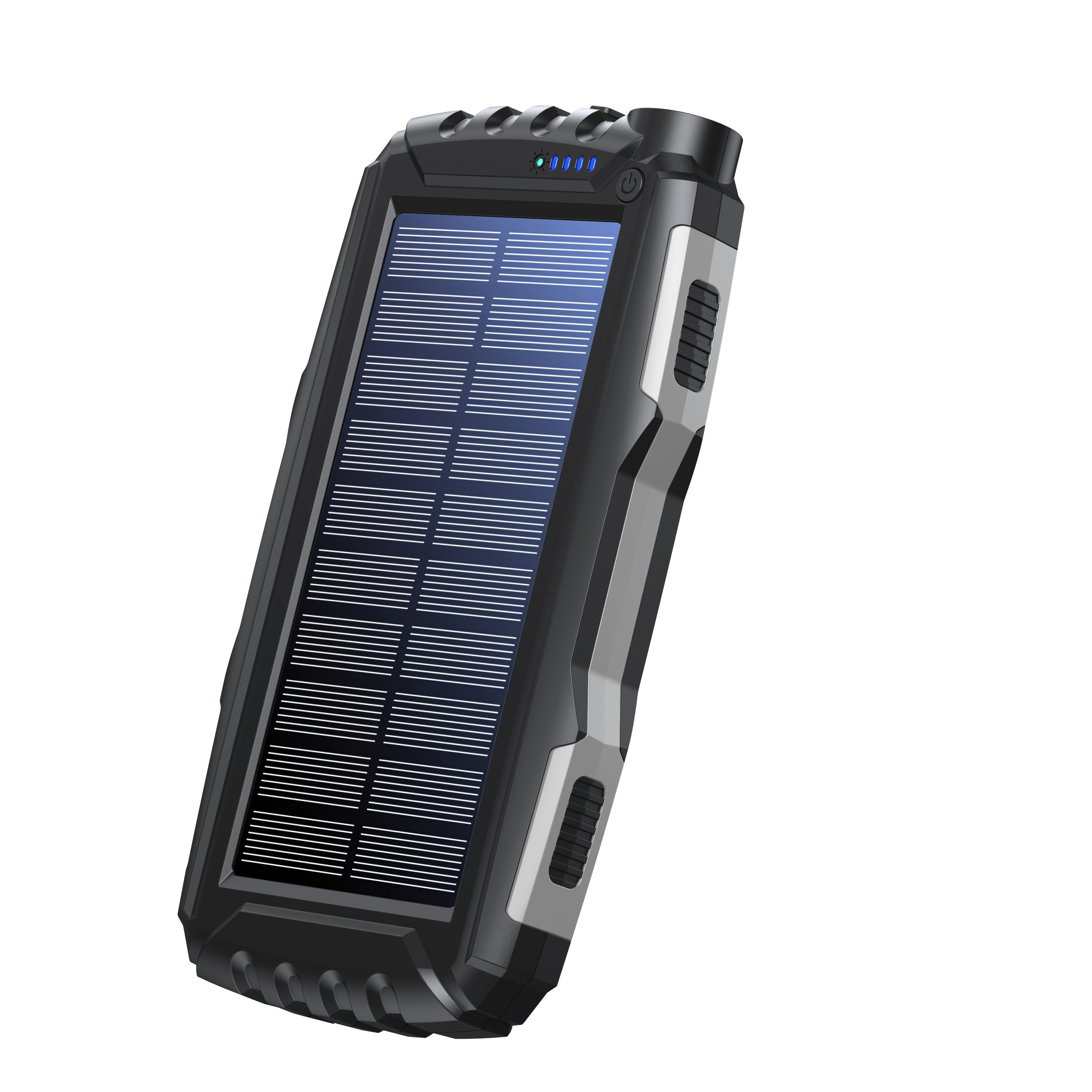Schwarze und graue Solar-Powerbank. Blaue Kontrollleuchten und ein Solarpanel sind sichtbar. Isoliert auf weißem Hintergrund.