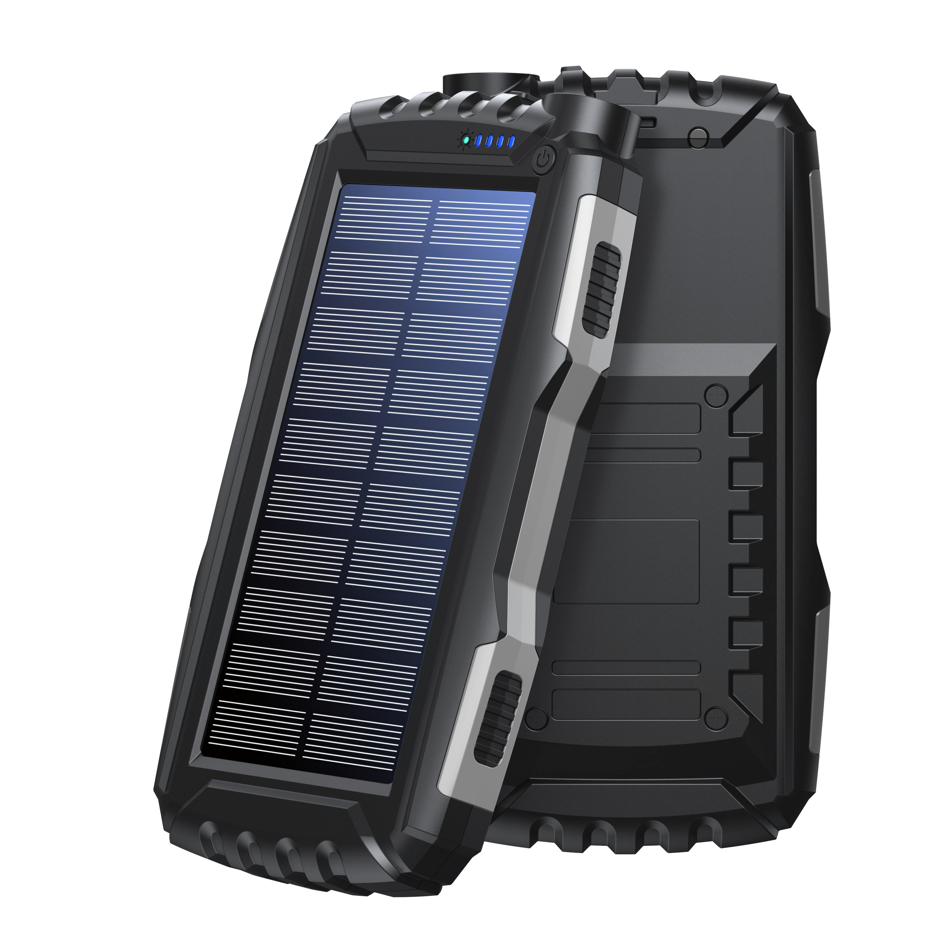 Schwarzes Solarladegerät mit silbernen Akzenten. Es hat ein Solarpanel und einen Griff. LED-Leuchten zeigen den Energiestatus an.