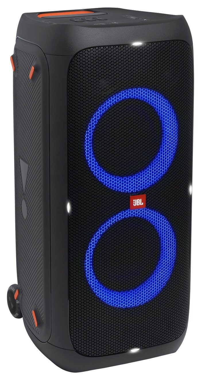 Czarny głośnik JBL z niebieskimi pierścieniami LED. Pomarańczowe akcenty po bokach i na górze. Widoczne logo JBL.