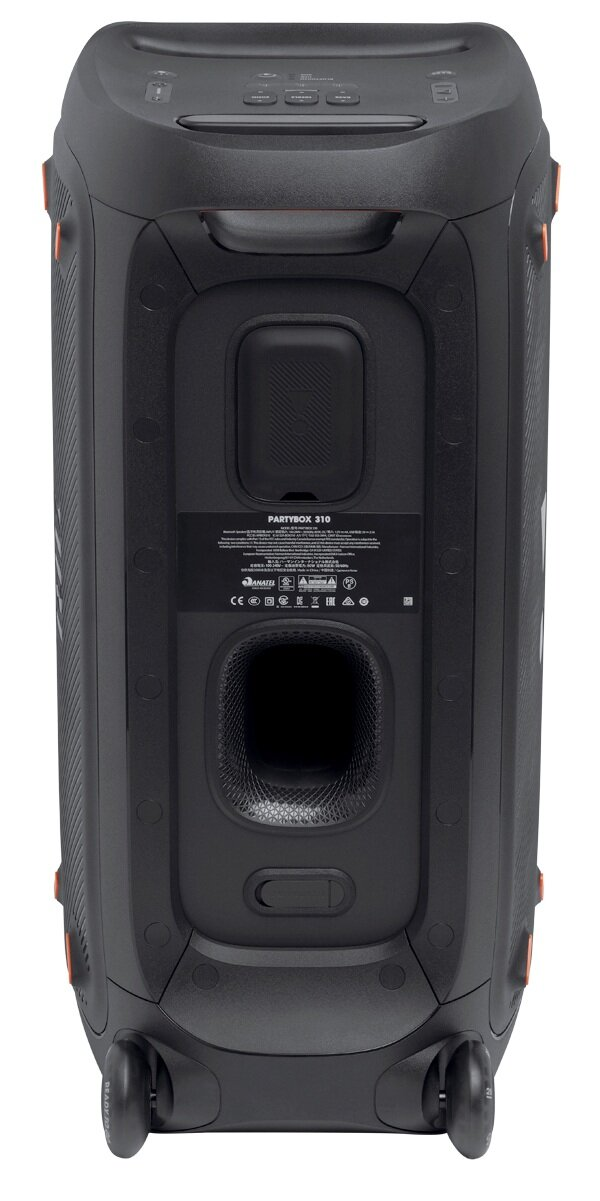 Czarny głośnik JBL PartyBox 310. Ma przyciski na górze, uchwyt i kółka. Ma głośnik i port basowy.