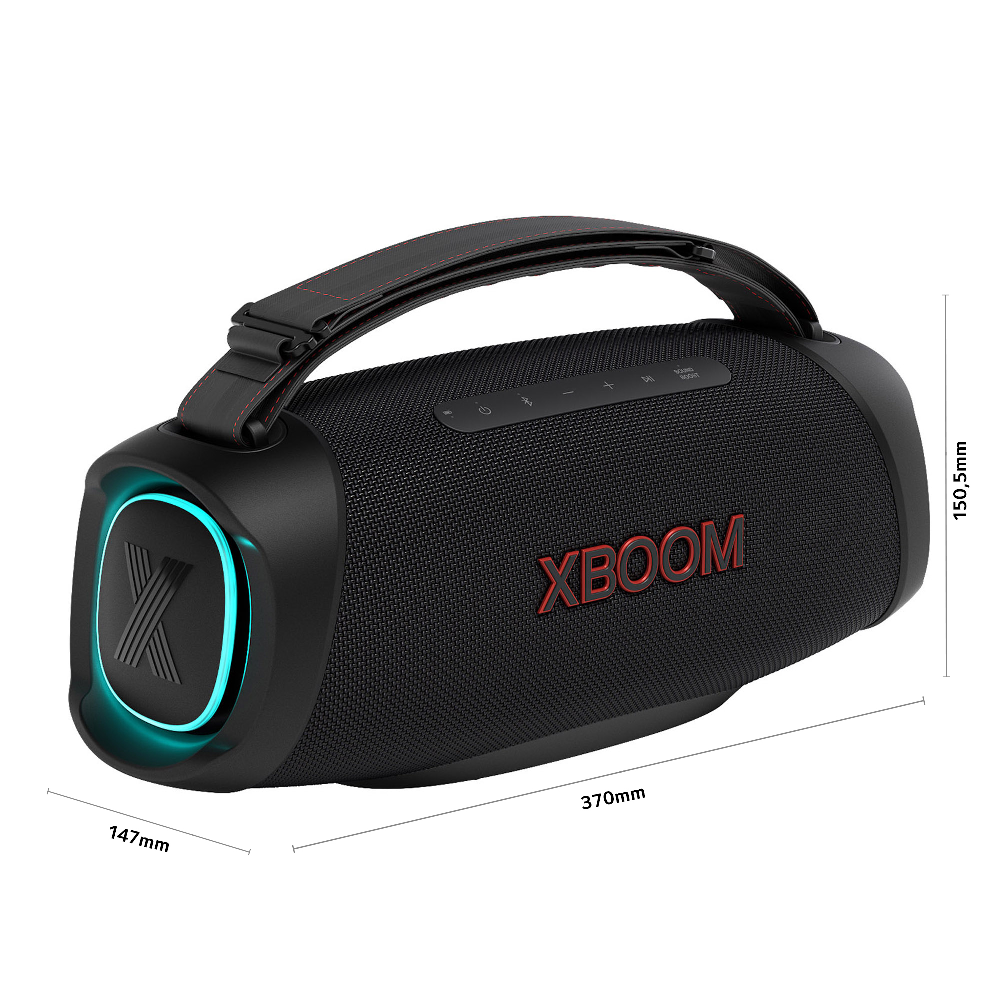 Altavoz XBOOM negro con asa. Logotipo XBOOM rojo. Dimensiones etiquetadas: 370 mm, 147 mm y 150,5 mm. Acentos azules brillantes.