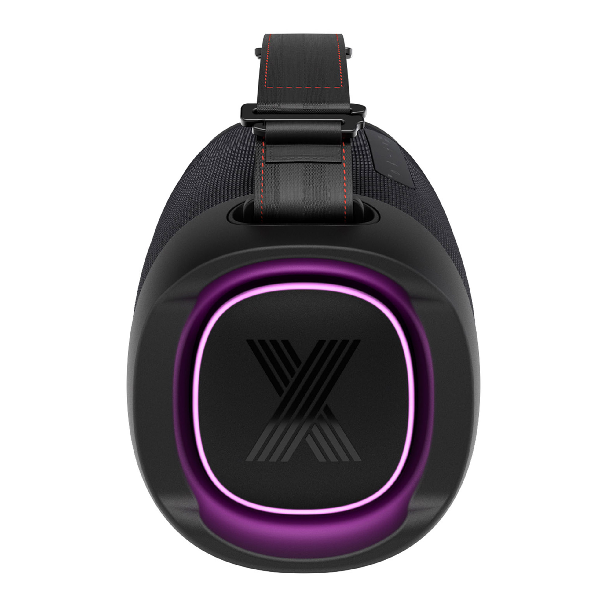 Altavoz negro con un anillo de luz púrpura. Tiene una correa negra y un logotipo con líneas blancas dentro de un círculo.