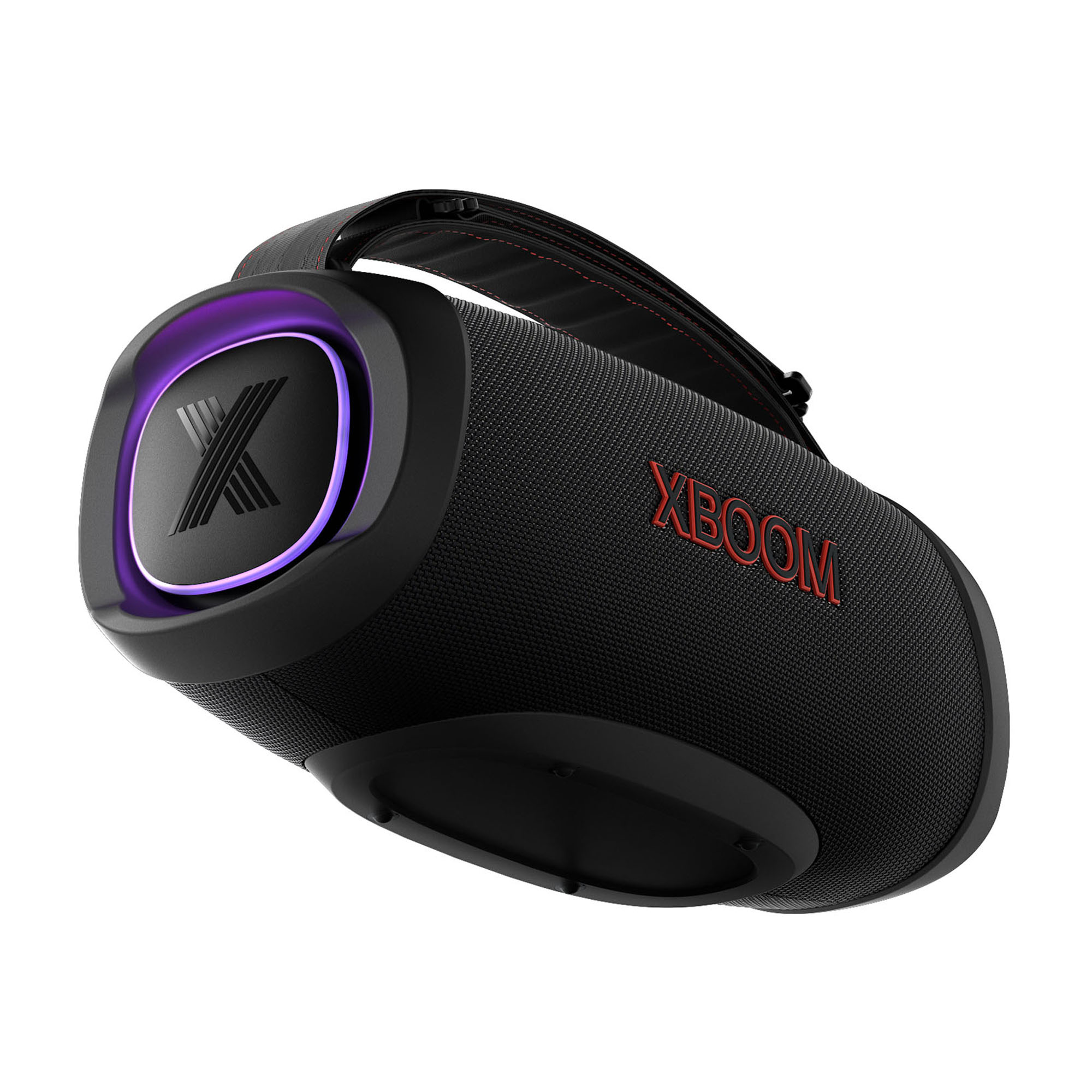 Altavoz XBOOM negro con asa. Tiene una luz púrpura alrededor del logotipo X y texto XBOOM rojo.