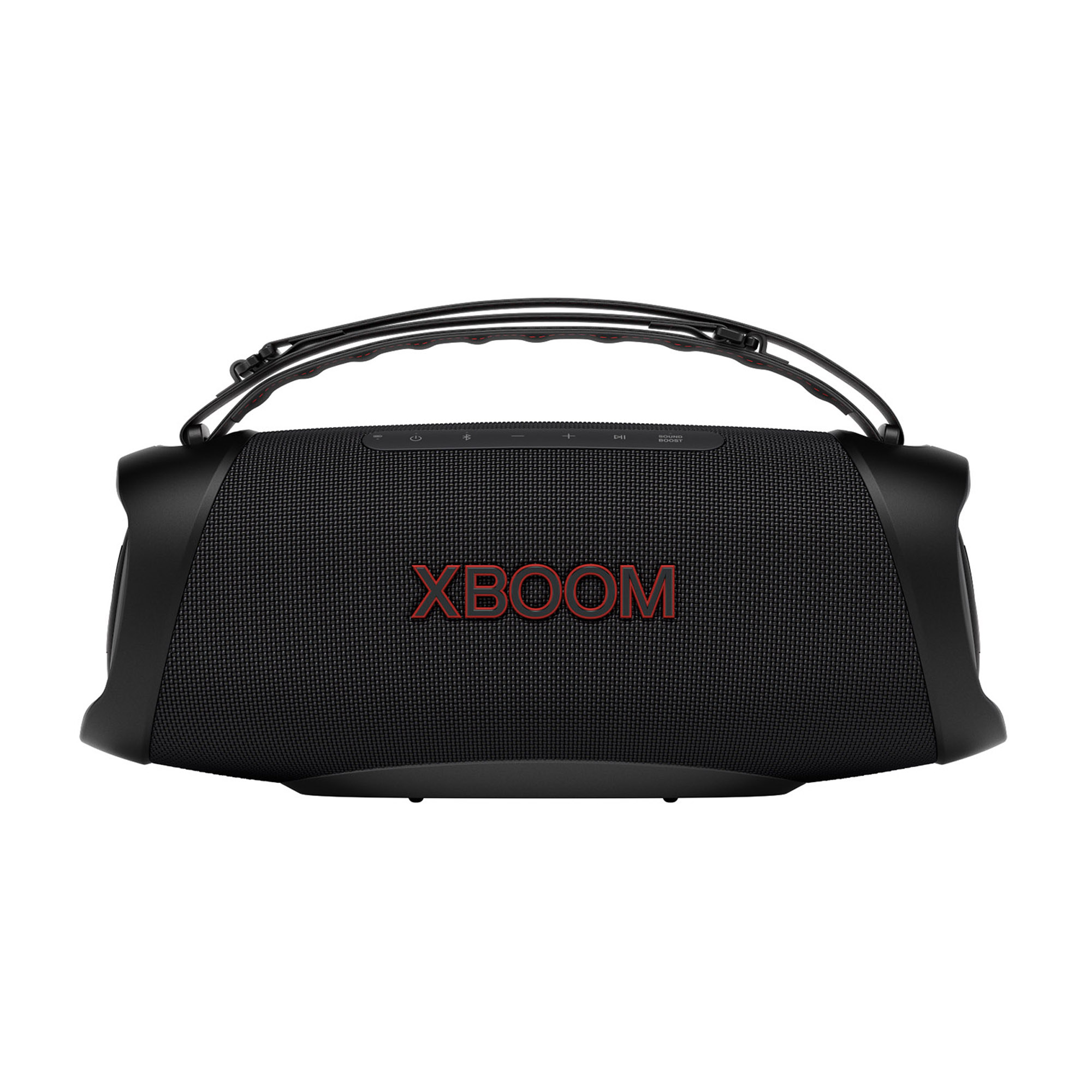 Altavoz portátil XBOOM negro con texto y asa rojos. Frente de malla negra. El asa tiene detalles en rojo. Fondo blanco.