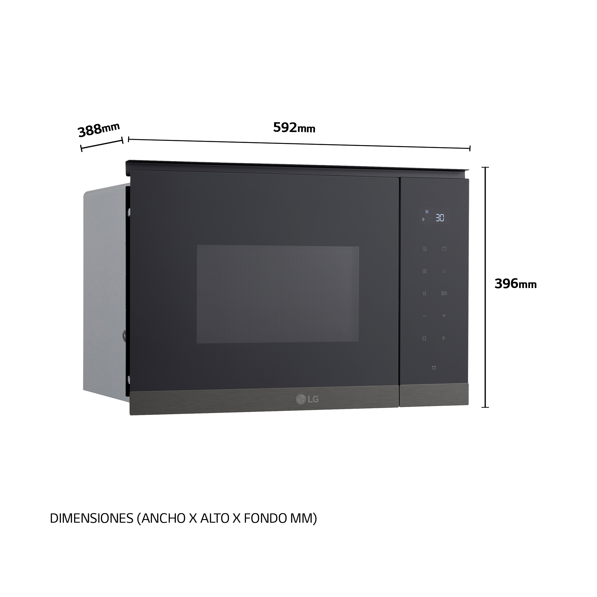 Un horno microondas LG negro con dimensiones mostradas. Tiene una pantalla digital y botones de control.