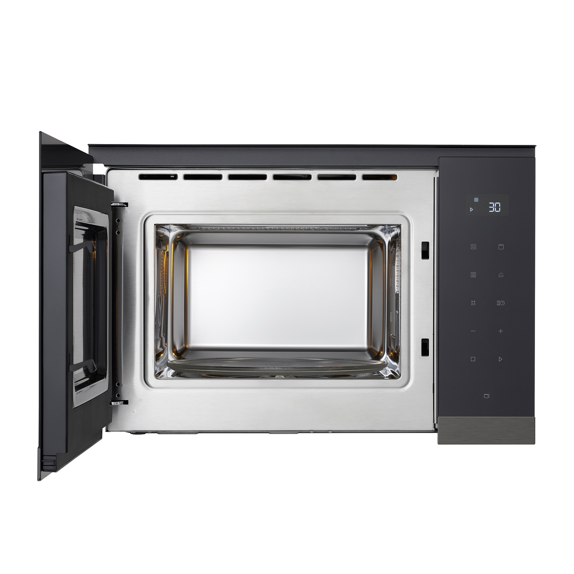 Un horno microondas abierto. La puerta está abierta, revelando el interior. Una pantalla digital muestra 30. Los botones están a la derecha.