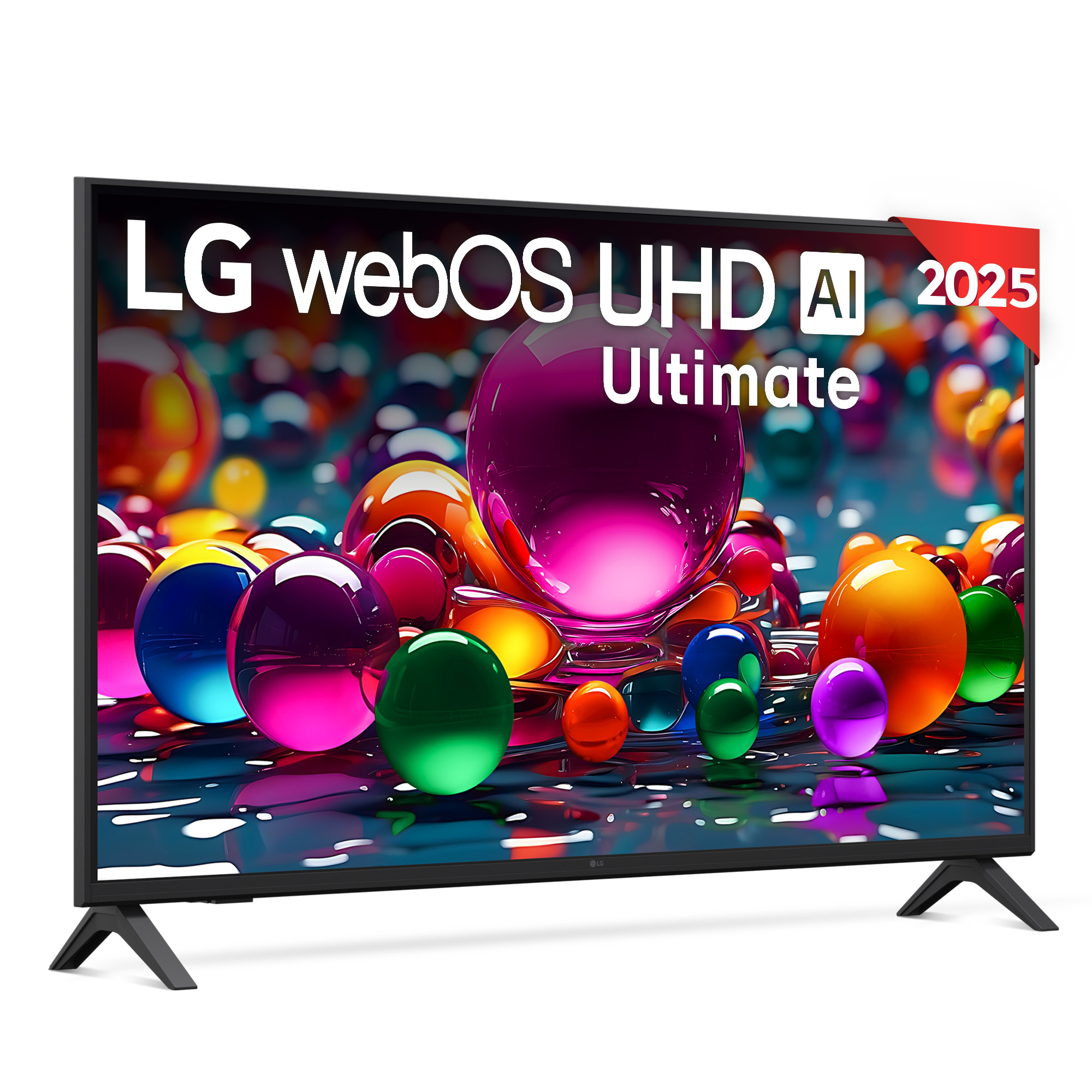 TV LG webOS UHD AI. Pantalla muestra esferas coloridas. Banner rojo arriba a la derecha. Soporte negro sobre fondo blanco.