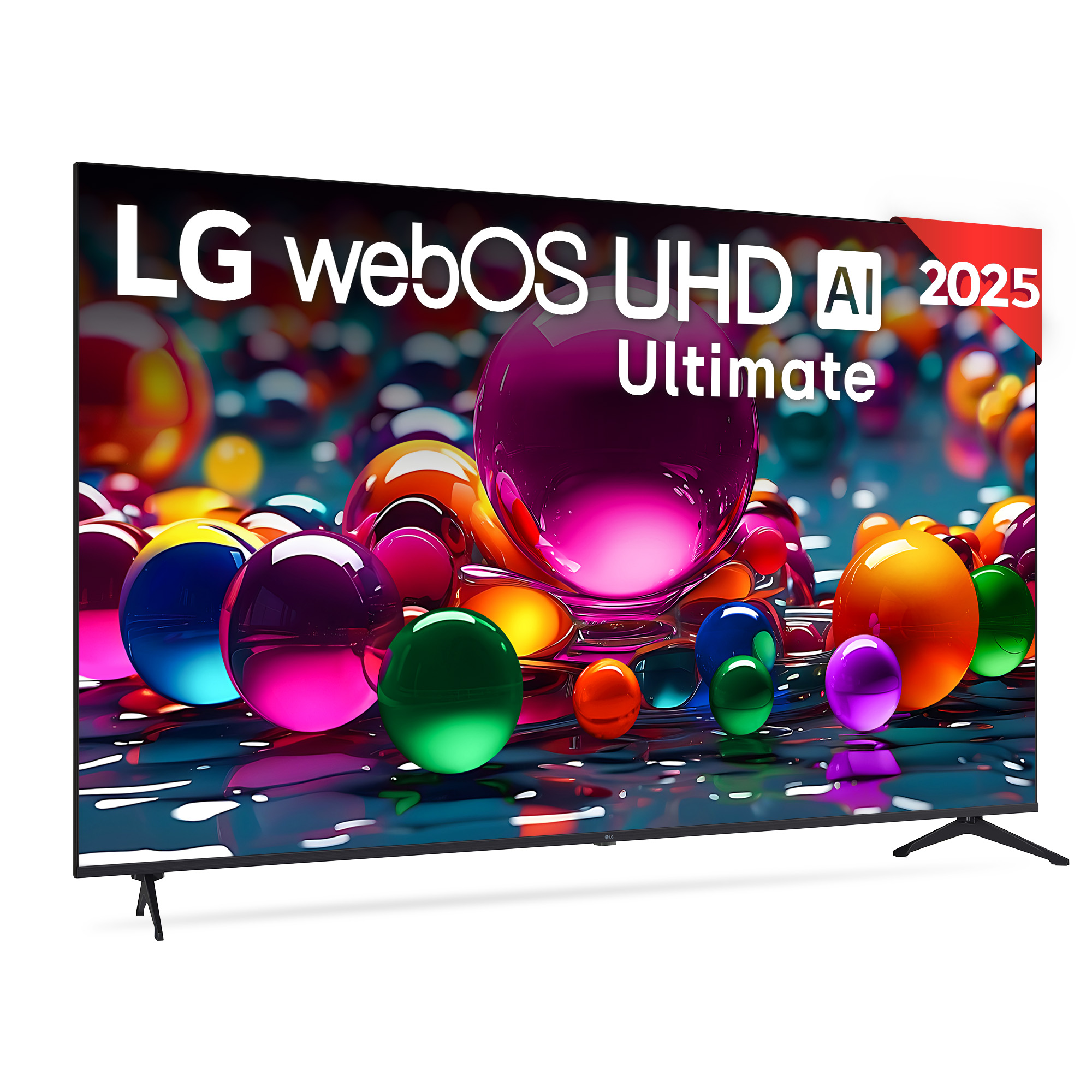 TV LG webOS UHD AI. Esferas de colores frente a la pantalla. Soporte y marco de TV negros. Fondo blanco.