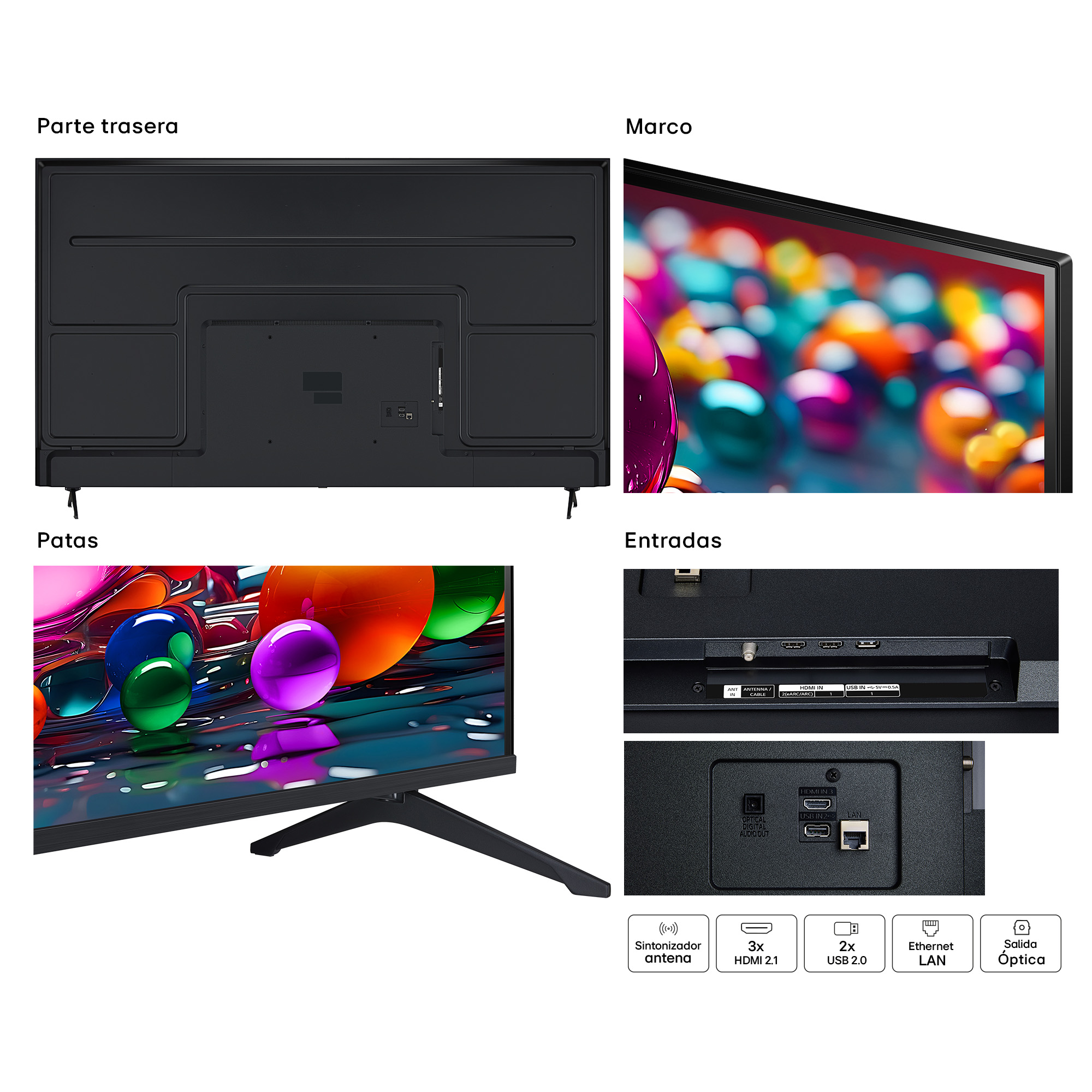 Se muestra un televisor con su parte trasera, bisel, patas y puertos de entrada. La pantalla muestra esferas abstractas coloridas.