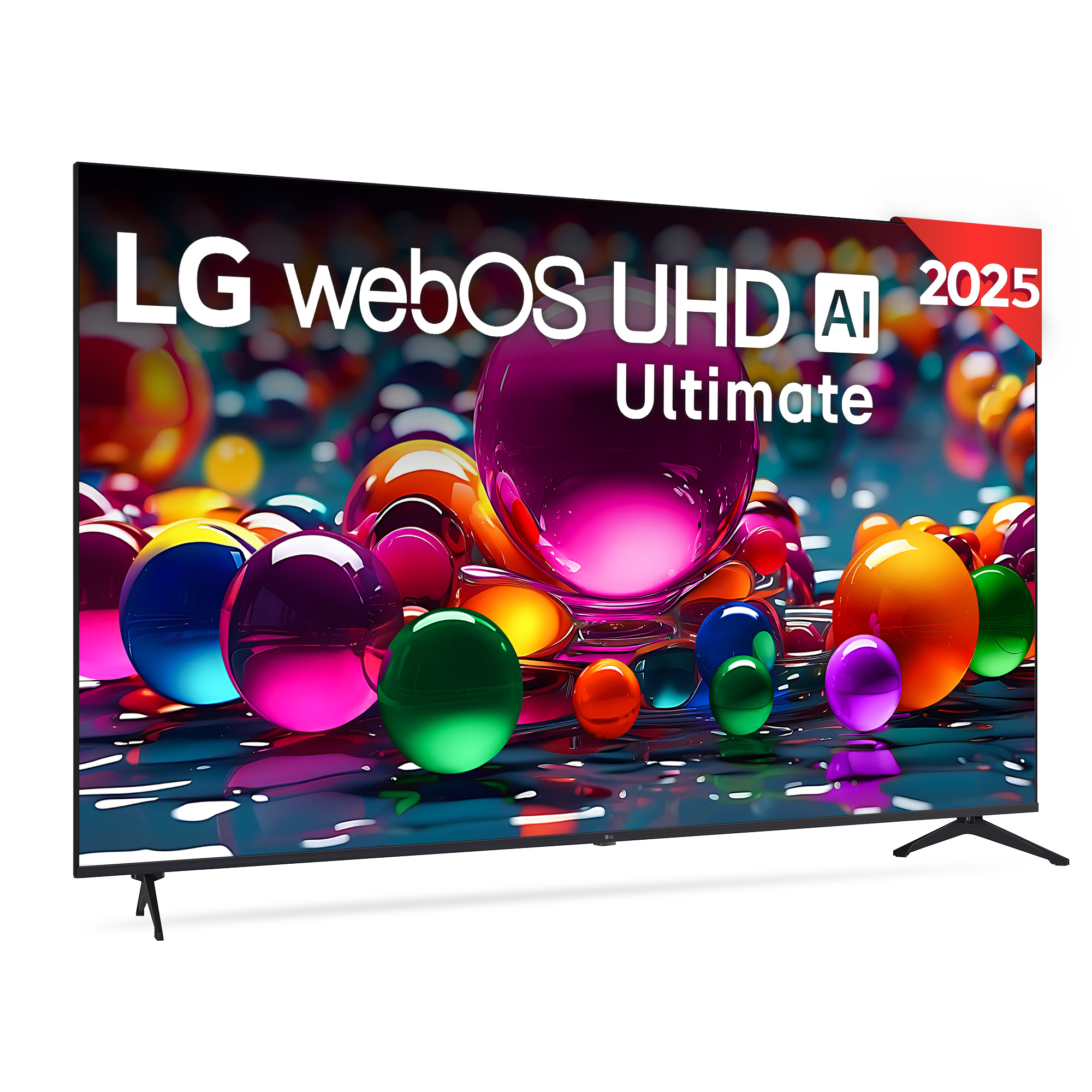 TV LG webOS UHD AI Ultimate. Esferas coloridas en pantalla. Etiqueta roja 2025.