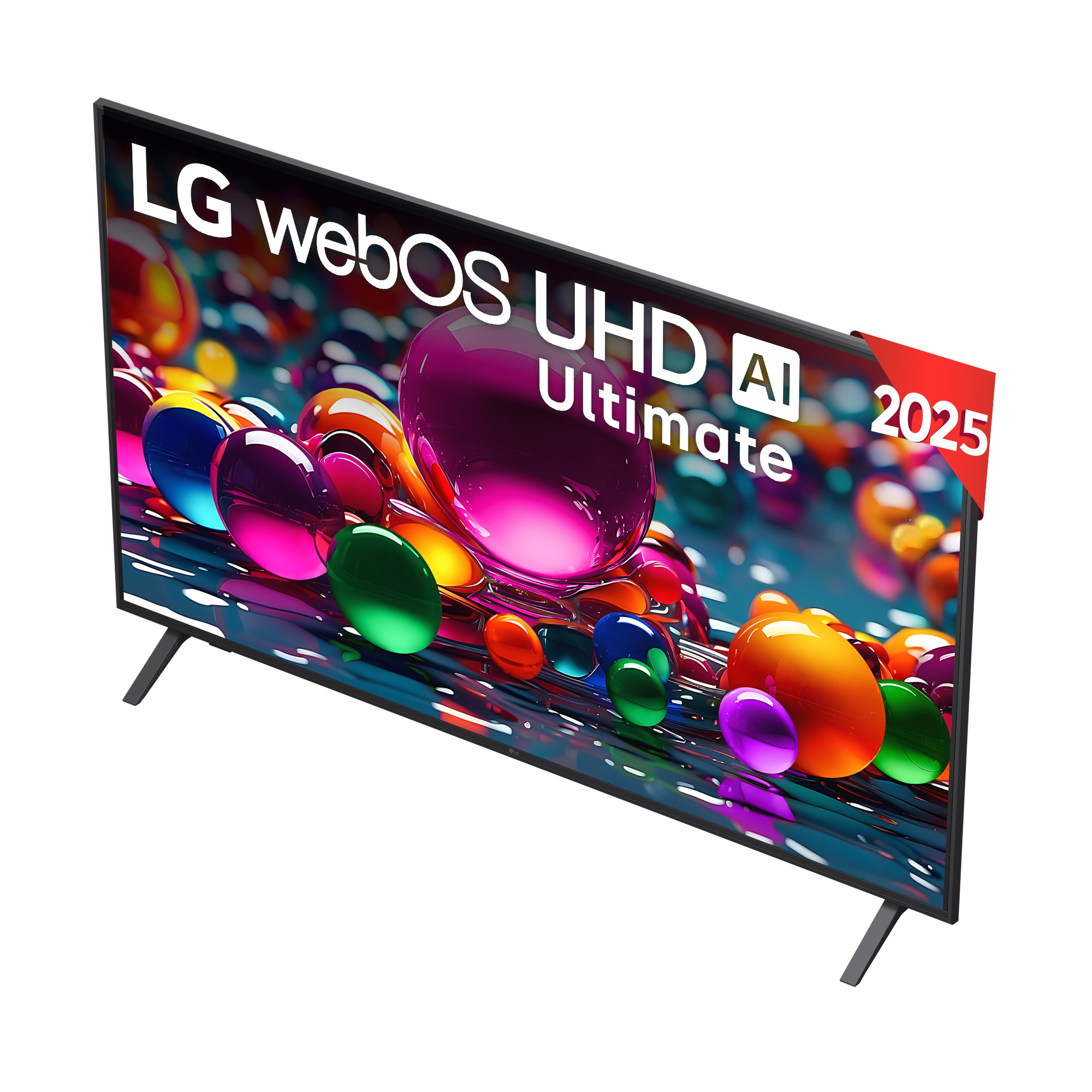 TV LG webOS UHD AI Ultimate. Fondo abstracto colorido. Etiqueta roja '2025'. Patas negras.