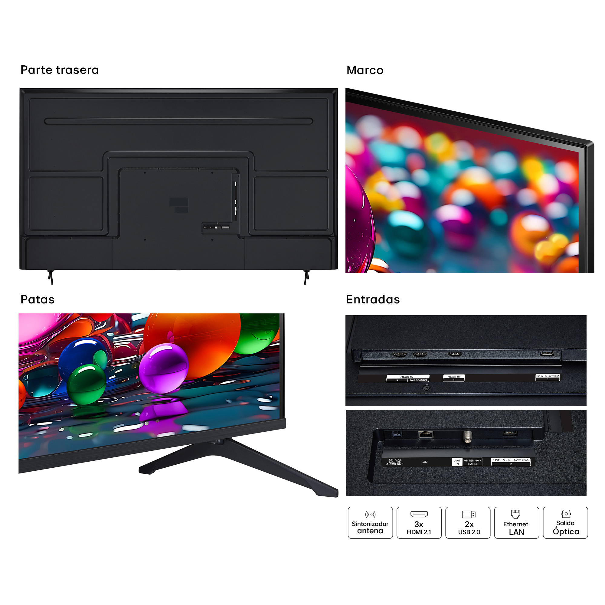 Pantalla de TV que muestra la parte trasera, el marco, las patas y las entradas. Incluye puertos HDMI, USB, antena y Ethernet.