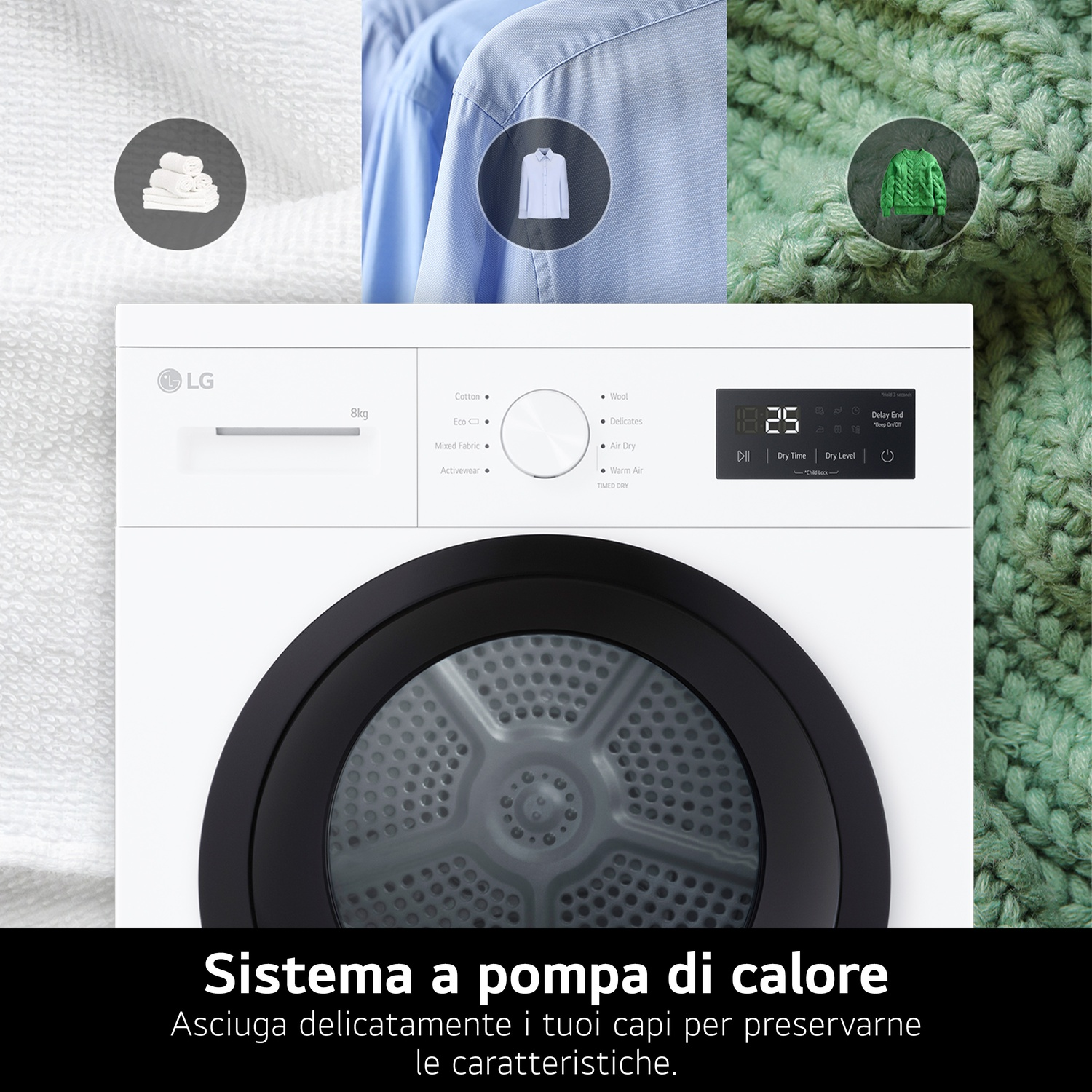 Asciugatrice LG bianca con icone di abbigliamento, display digitale con tempo e testo: Sistema a pompa di calore.