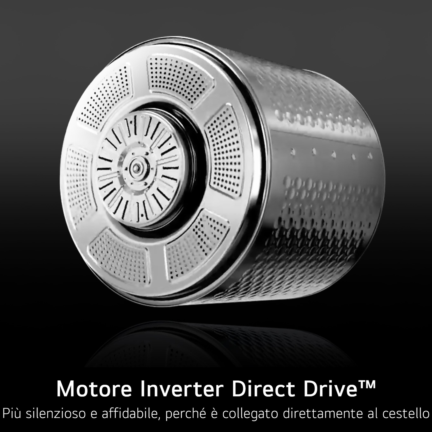 Cestello lavatrice in metallo lucido. Pannello frontale perforato con design radiale. Testo sottostante: 'Motore Inverter Direct Drive'.