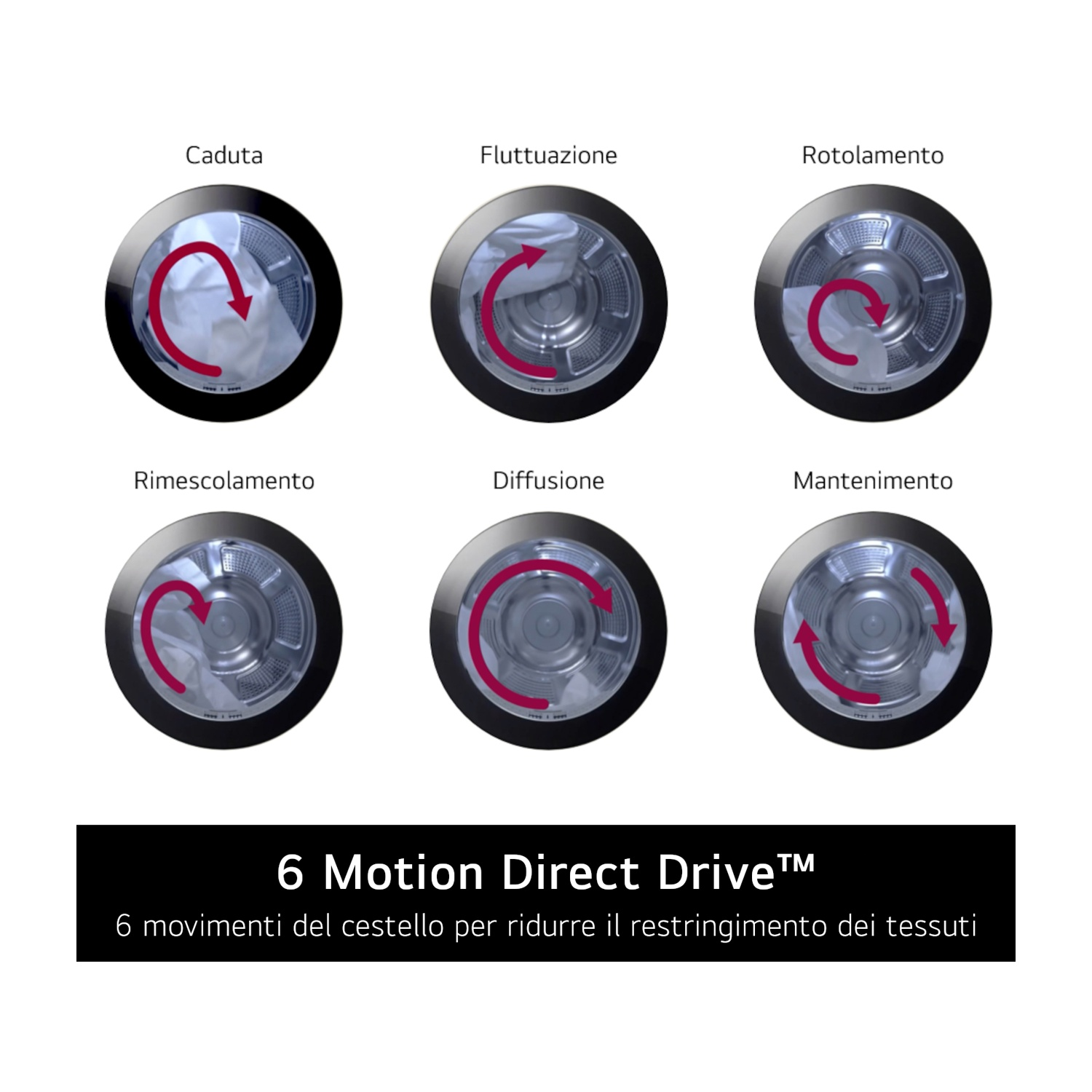 L'immagine mostra sei movimenti del cestello della lavatrice: Caduta, Fluttuazione, Rotolamento, Rimescolamento, Diffusione, Mantenimento. Testo: 6 Motion Direct Drive.