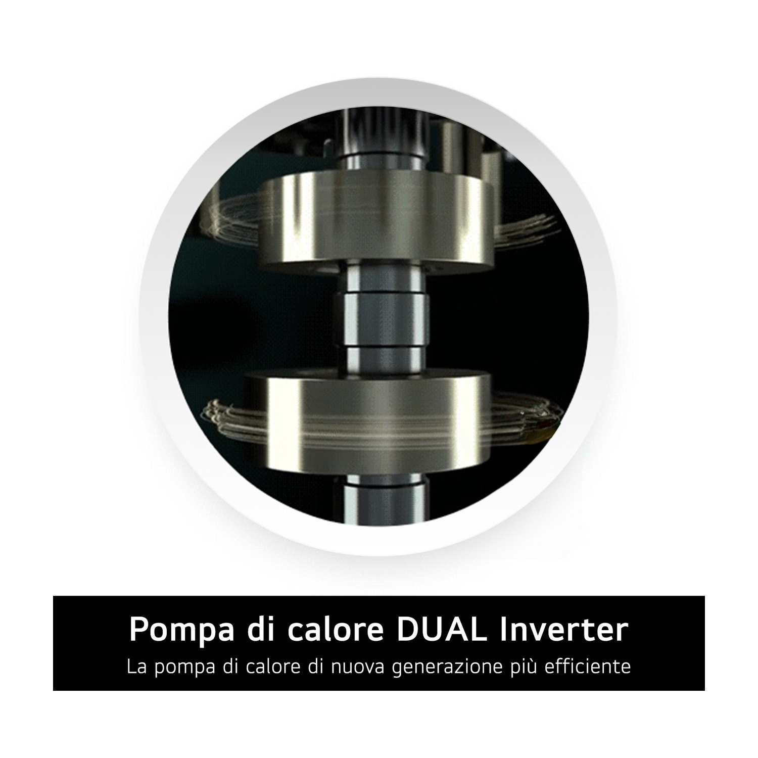 Parti di macchine metalliche all'interno di un cerchio bianco su sfondo bianco. Rettangolo nero con testo sotto.