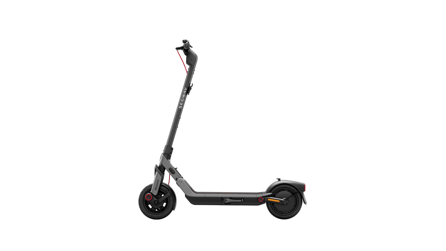 Un patinete eléctrico Segway gris. Tiene ruedas negras, un cable de freno rojo y el nombre de la marca en el manillar.