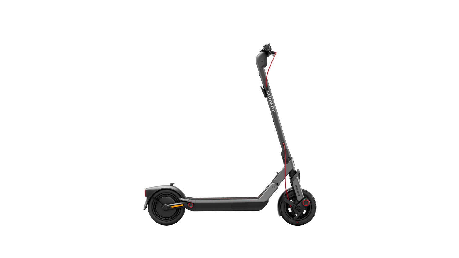 Un scooter eléctrico Segway gris se muestra sobre un fondo gris. Tiene ruedas negras, detalles rojos y el logotipo de Segway.