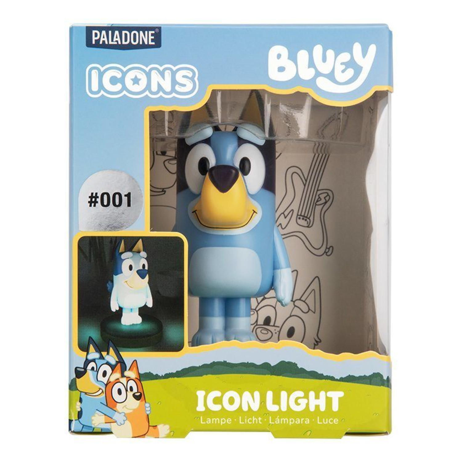 A Bluey icon light toy in a box. The toy is Bluey, a blue dog. The box has the Bluey logo and Paladone Icons.