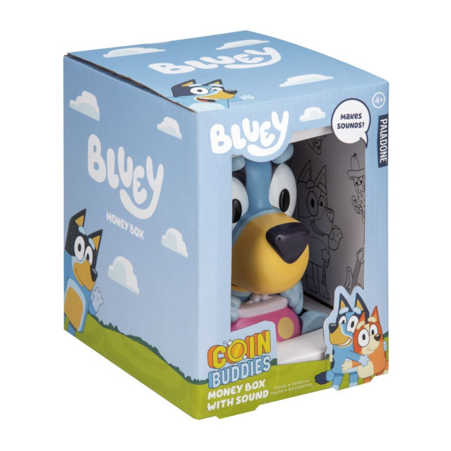 Bluey spaarpot in een doos. De doos is lichtblauw met afbeeldingen van Bluey. De doos heeft de tekst: Coin Buddies, Money Box with sound.