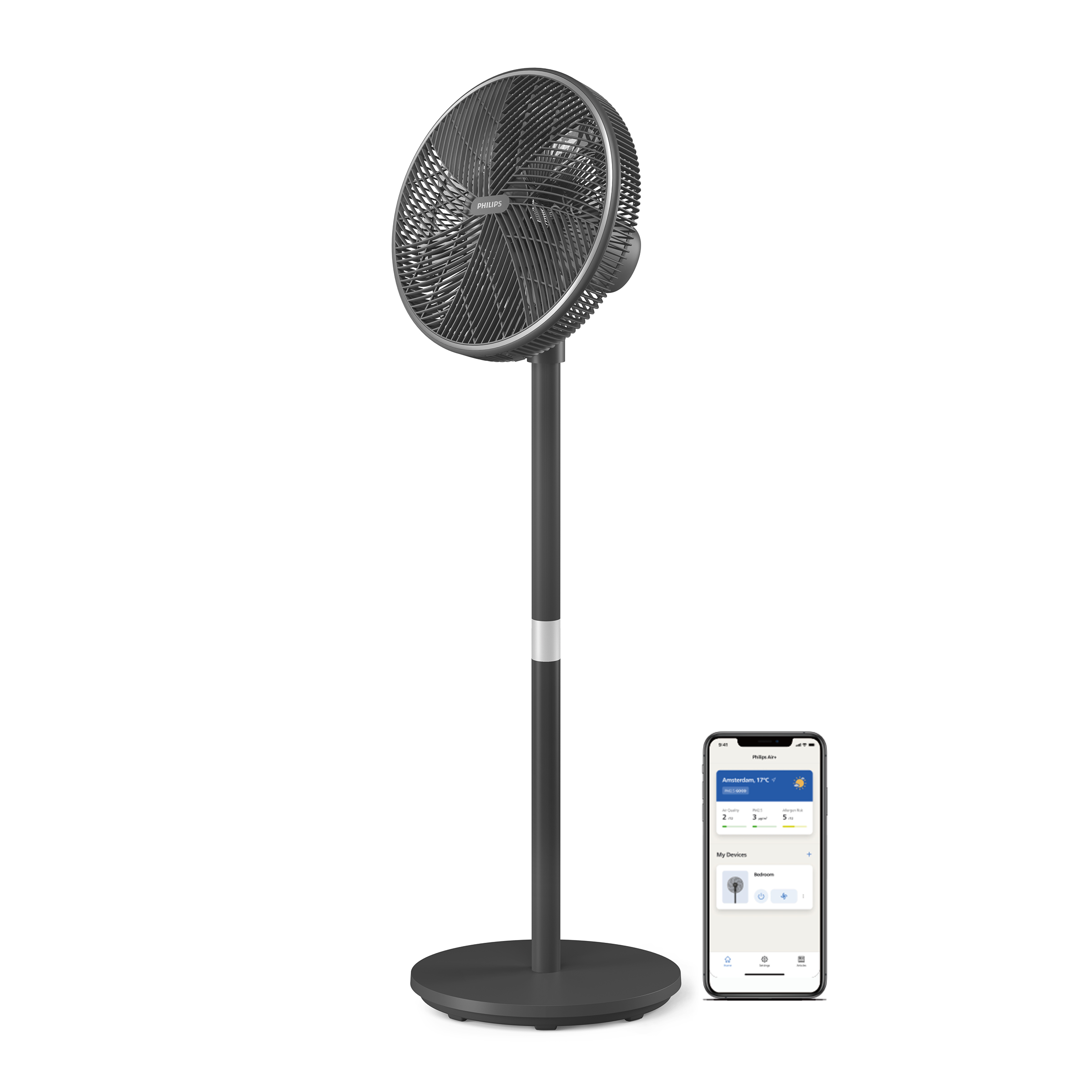Ciemnoszary wentylator Philips obok smartfona z interfejsem aplikacji pokazującym pogodę i kontrolę urządzeń.