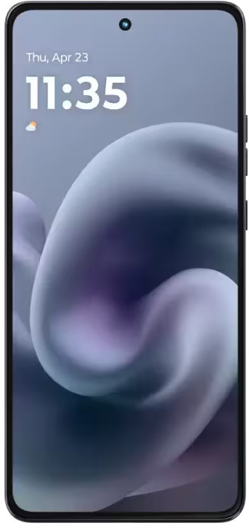 Ekran smartfona wyświetlający datę i godzinę, 23 kwietnia, 11:35. Abstraktowe szare i fioletowe tło.