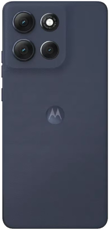 Ciemnoniebieski tył smartfona. Ma cztery obiektywy aparatu i logo Motorola. Telefon jest elegancki i nowoczesny.