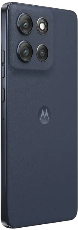 Niebieski tył smartfona z czterema obiektywami i logo Motorola. Telefon ma teksturowane wykończenie.