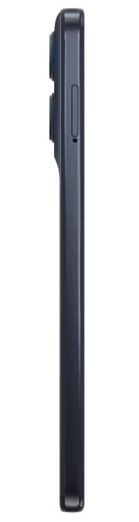 Widok z boku ciemnoniebieskiego smartfona. Widoczne są obiektywy aparatu, przyciski głośności i przycisk zasilania.